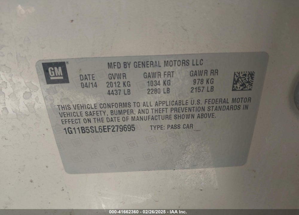2014 CHEVROLET MALIBU VIN: 1G11B5SL6EF279695