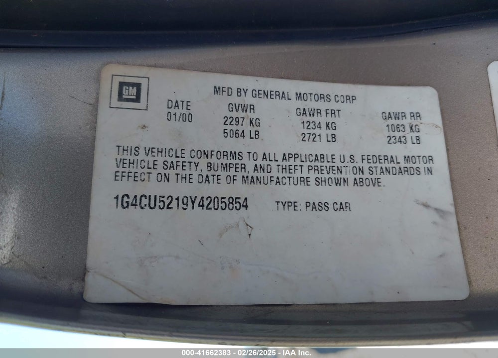 2000 BUICK PARK AVENUE VIN: 1G4CU5219Y4205854