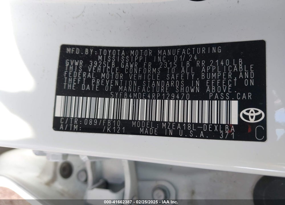 2024 TOYOTA COROLLA VIN: 5YFB4MDE4RP129470