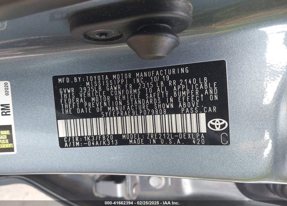 2020 TOYOTA COROLLA VIN: 5YFEPRAE9LP079808