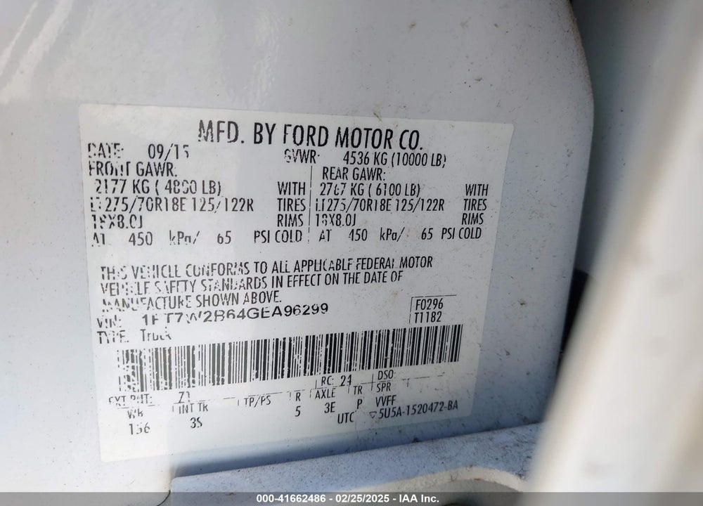 2016 FORD F-250 VIN: 1FT7W2B64GEA96299