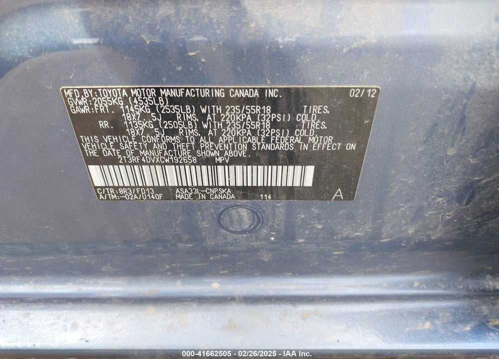 2012 TOYOTA RAV4 VIN: 2T3RF4DVXCW192658