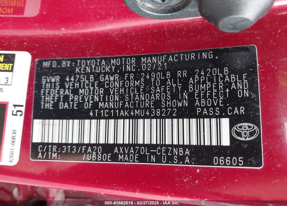 2021 TOYOTA CAMRY LE VIN: 4T1C11AK4MU438272