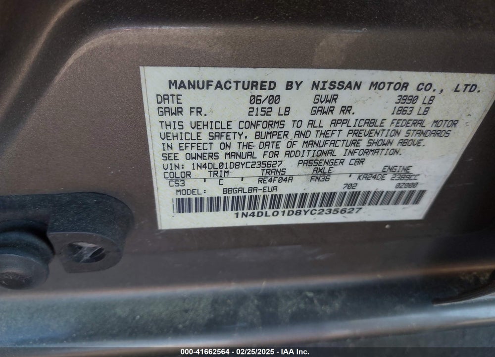 2000 NISSAN ALTIMA GLE/GXE/SE/XE VIN: 1N4DL01D8YC235627