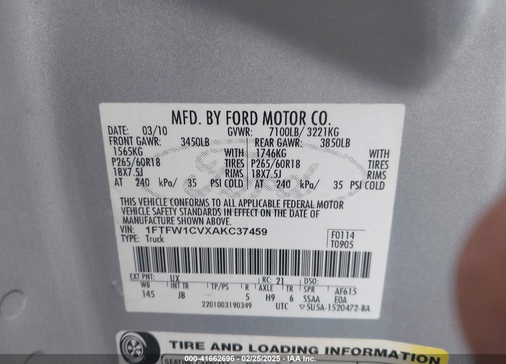 2010 FORD F-150 VIN: 1FTFW1CVXAKC37459