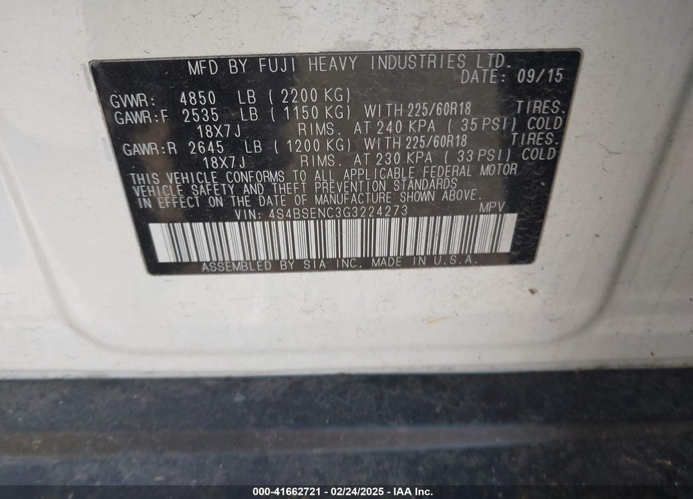 2016 SUBARU OUTBACK 3.6R LIMITED VIN: 4S4BSENC3G3224273