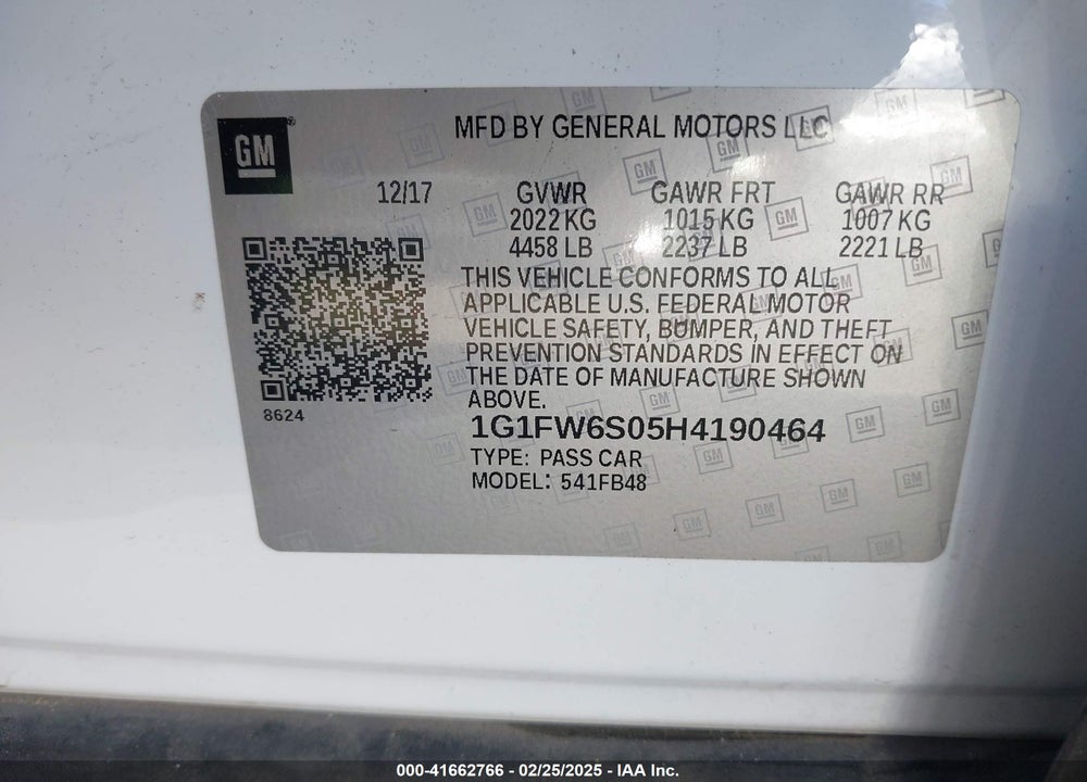2017 CHEVROLET BOLT EV VIN: 1G1FW6S05H4190464