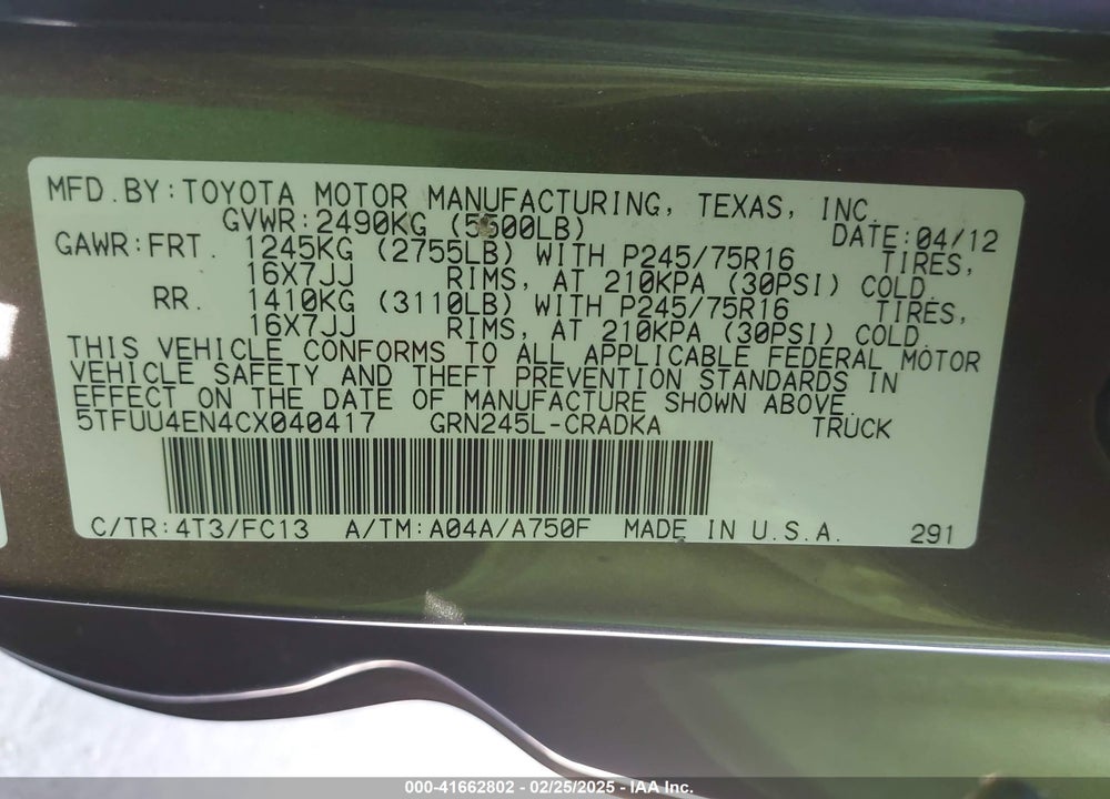 2012 TOYOTA TACOMA VIN: 5TFUU4EN4CX040417