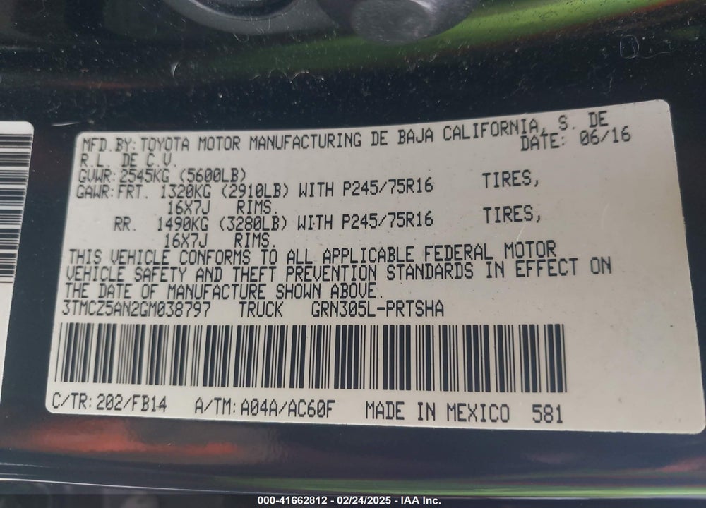2016 TOYOTA TACOMA SR V6 VIN: 3TMCZ5AN2GM038797