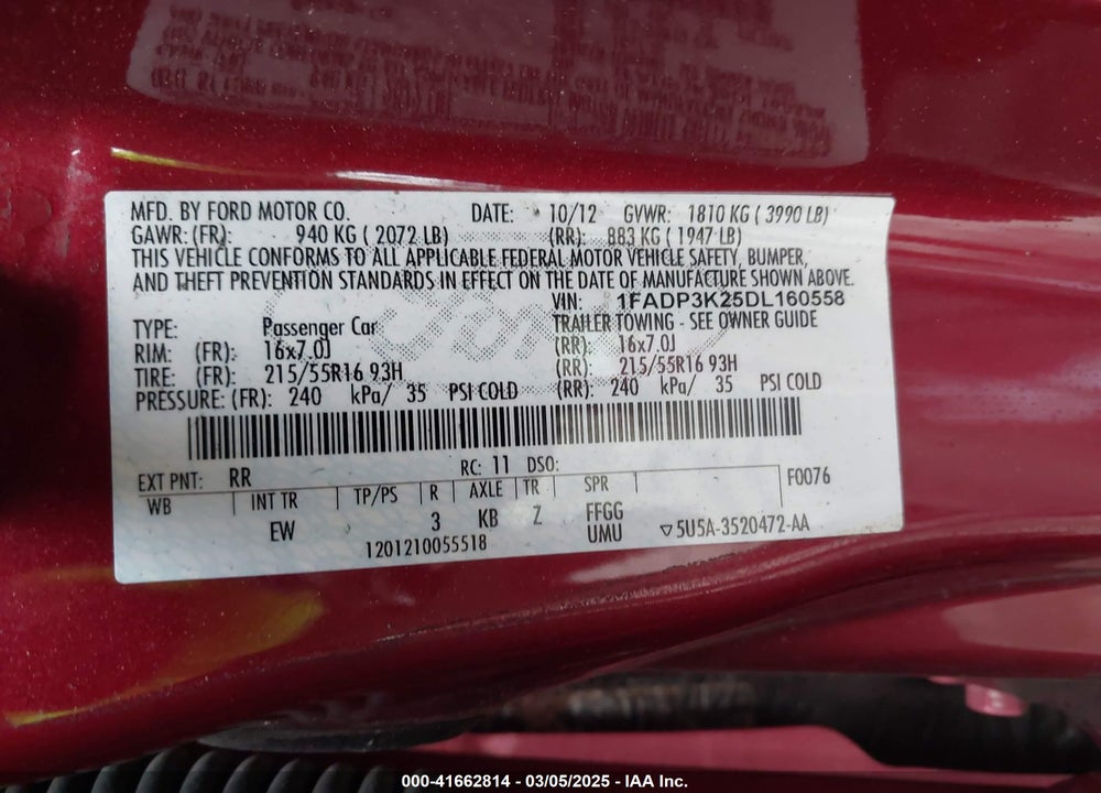 2013 FORD FOCUS VIN: 1FADP3K25DL160558