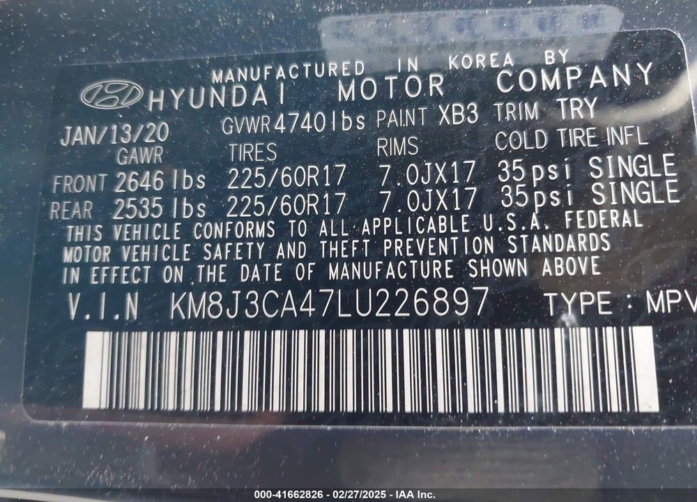 2020 HYUNDAI TUCSON VIN: KM8J3CA47LU226897