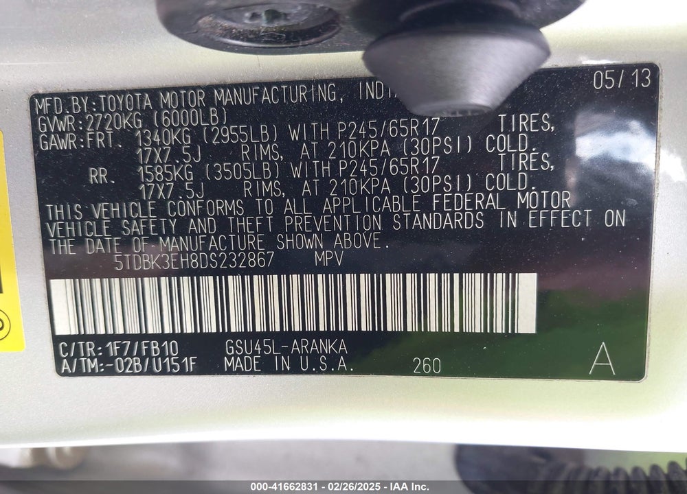 2013 TOYOTA HIGHLANDER VIN: 5TDBK3EH8DS232867