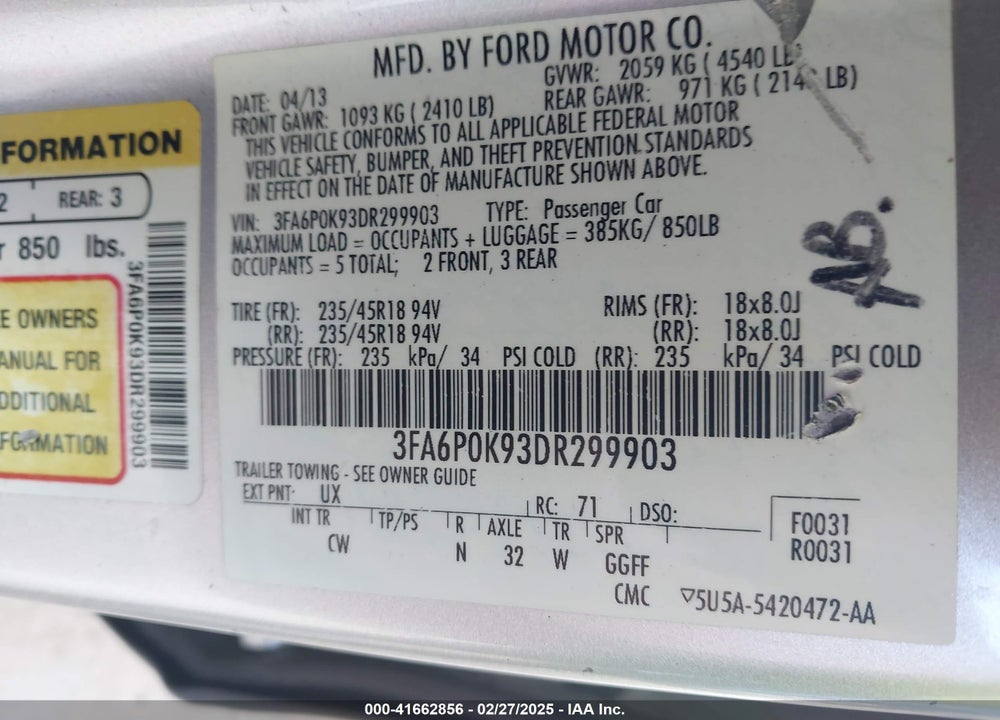 2013 FORD FUSION VIN: 3FA6P0K93DR299903