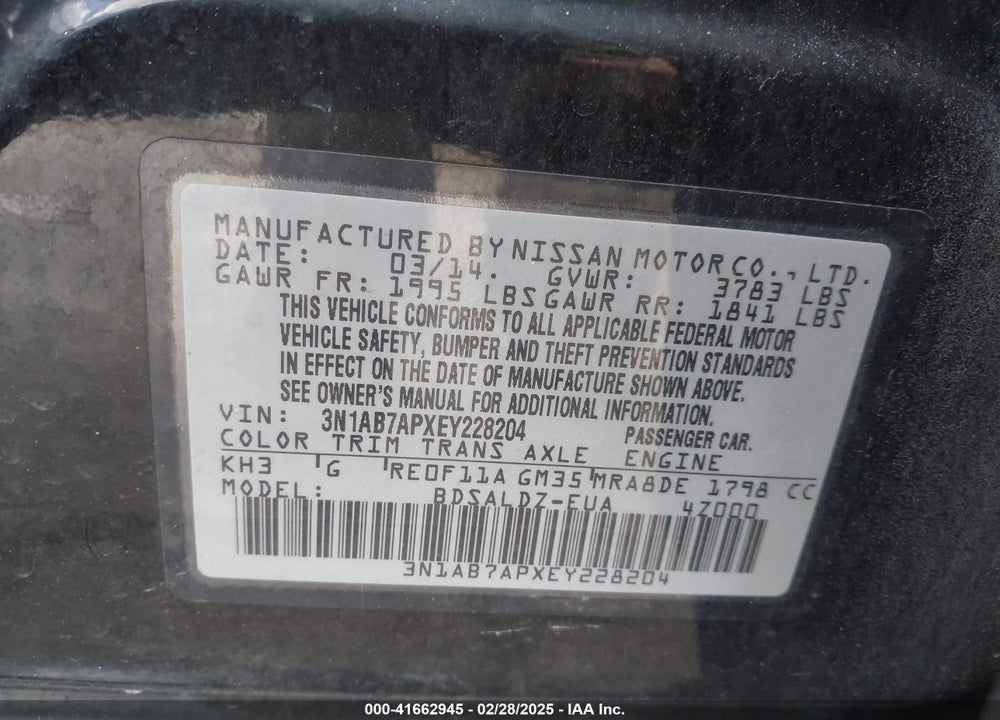 2014 NISSAN SENTRA FE+ S/FE+ SV/S/SL/SR/SV VIN: 3N1AB7APXEY228204