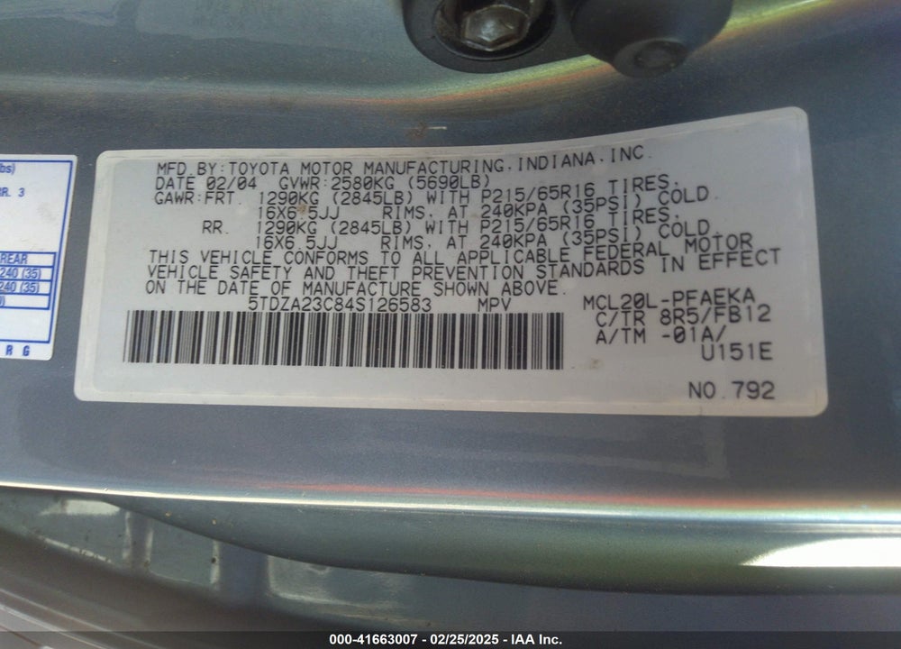 2004 TOYOTA SIENNA LE VIN: 5TDZA23C84S126583