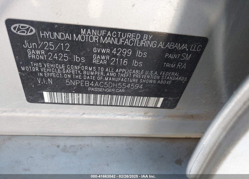 2013 HYUNDAI SONATA VIN: 5NPEB4AC5DH554594