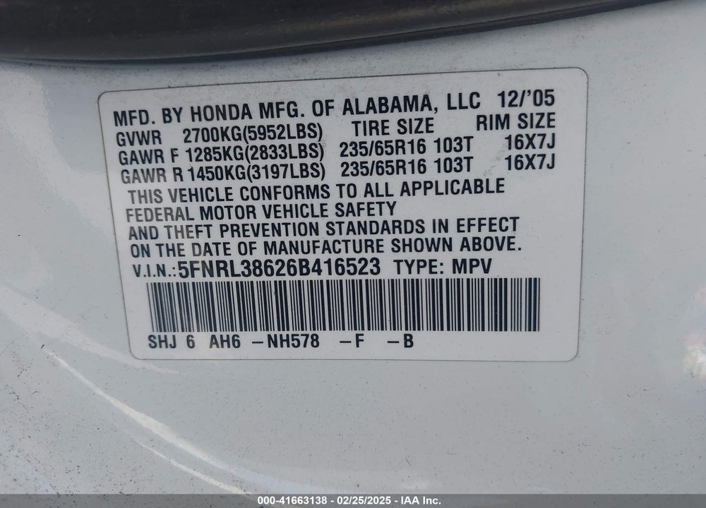 2006 HONDA ODYSSEY VIN: 5FNRL38626B416523