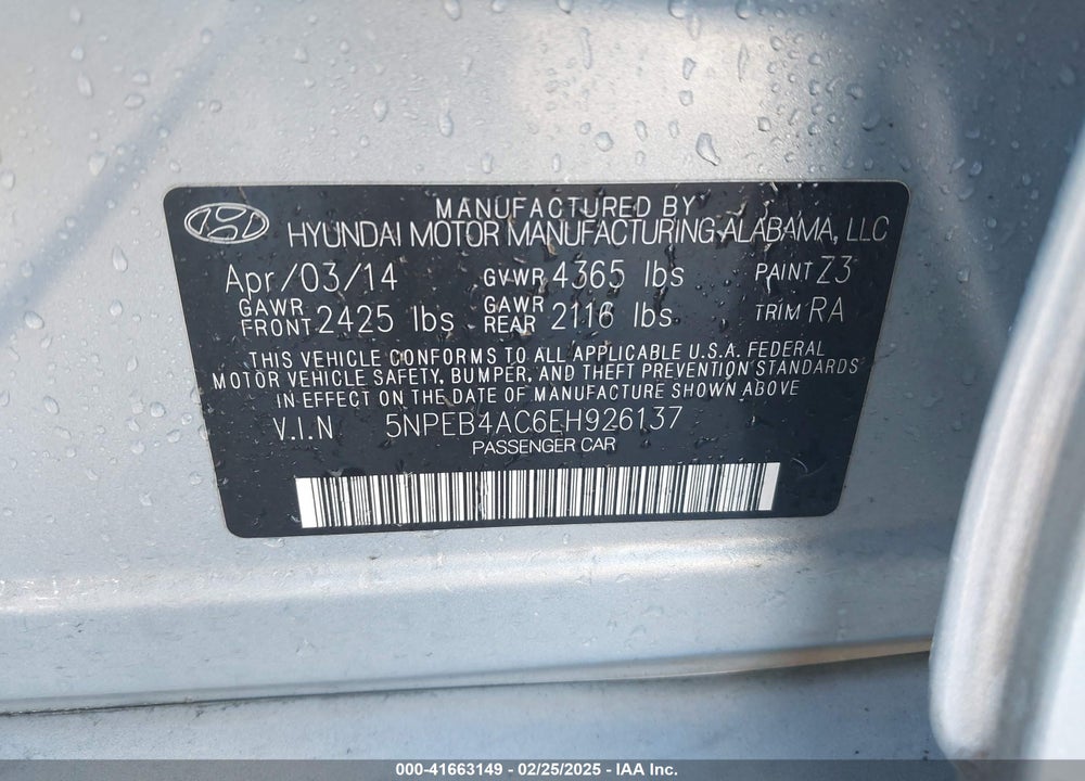 2014 HYUNDAI SONATA VIN: 5NPEB4AC6EH926137