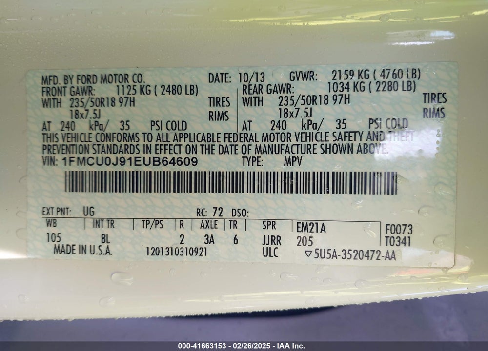 2014 FORD ESCAPE VIN: 1FMCU0J91EUB64609