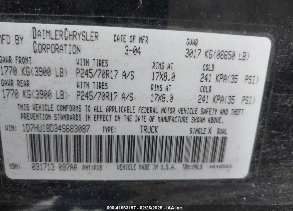 2004 DODGE RAM 1500 SLT/LARAMIE VIN: 1D7HU18D34S683087