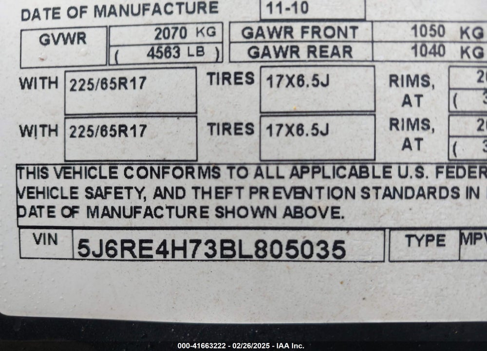 2011 HONDA CR-V EX-L VIN: 5J6RE4H73BL805035