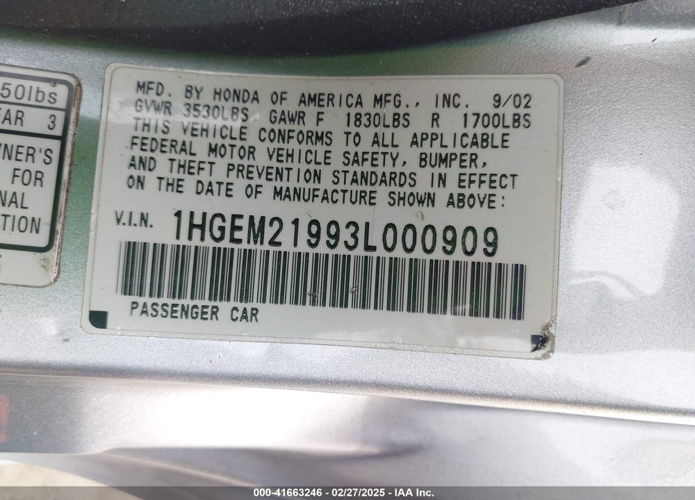 2003 HONDA CIVIC EX VIN: 1HGEM21993L000909