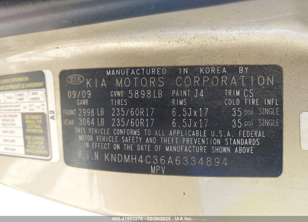 2010 KIA SEDONA VIN: KNDMH4C36A6334894
