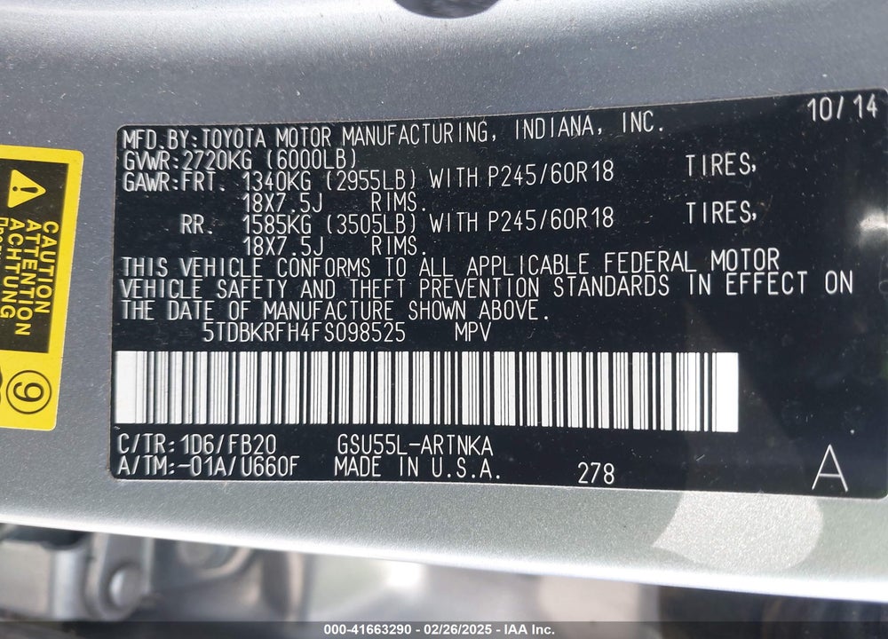 2015 TOYOTA HIGHLANDER VIN: 5TDBKRFH4FS098525