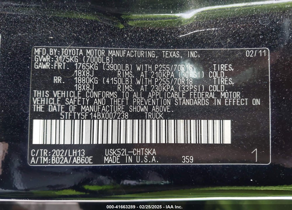 2011 TOYOTA TUNDRA VIN: 5TFTY5F14BX007238