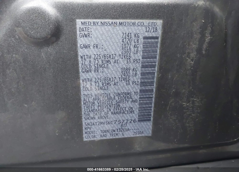 2019 NISSAN ROGUE SV VIN: 5N1AT2MV3KC757226