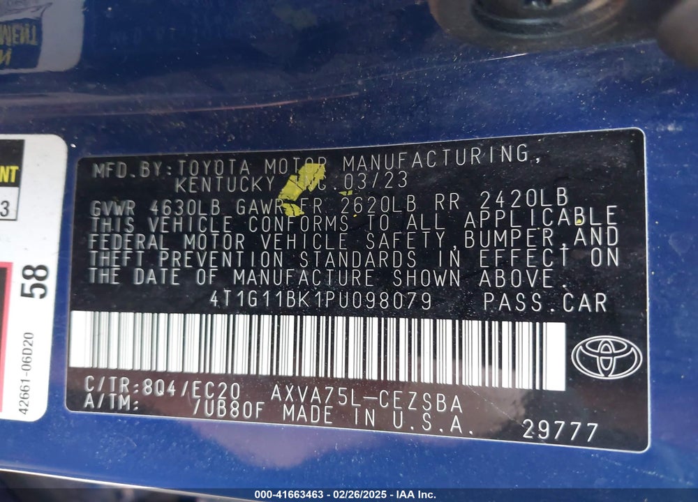 2023 TOYOTA CAMRY VIN: 4T1G11BK1PU098079