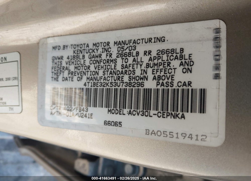 2003 TOYOTA CAMRY LE VIN: 4T1BE32K53U738296