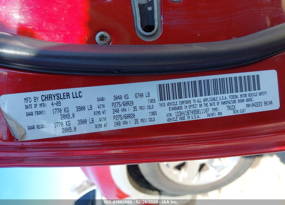 2009 DODGE RAM 1500 VIN: 1D3HV18T49S811107