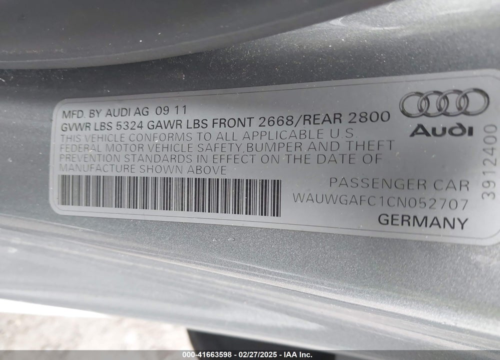 2012 AUDI A7 VIN: WAUWGAFC1CN052707
