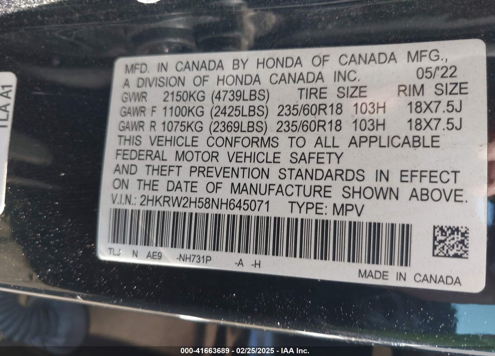 2022 HONDA CR-V VIN: 2HKRW2H58NH645071