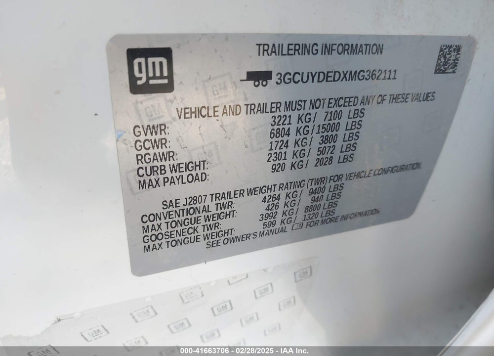 2021 CHEVROLET SILVERADO 1500 VIN: 3GCUYDEDXMG362111