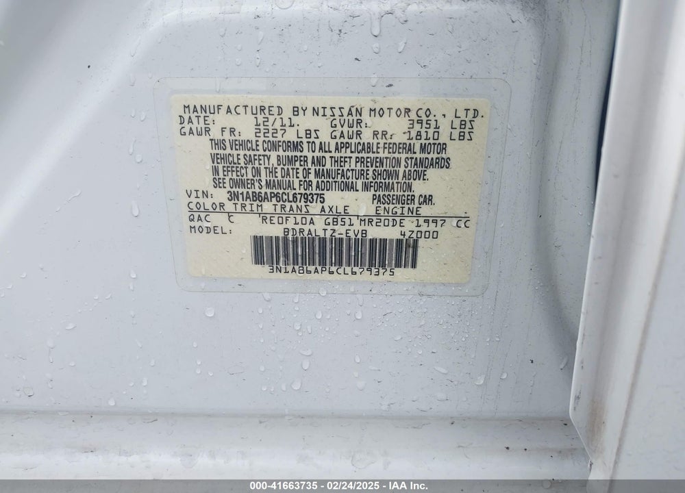 2012 NISSAN SENTRA 2.0 S VIN: 3N1AB6AP6CL679375