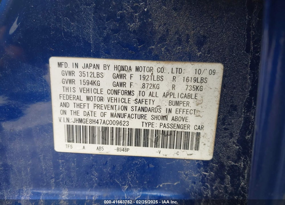 2010 HONDA FIT VIN: JHMGE8H47AC009623