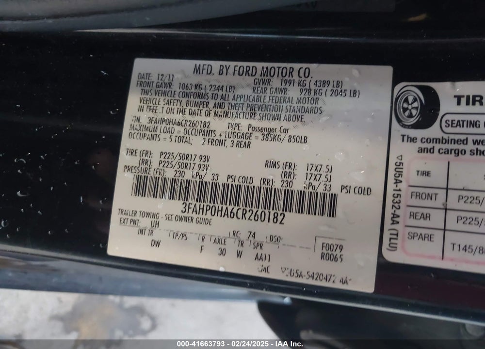 2012 FORD FUSION VIN: 3FAHP0HA6CR260182