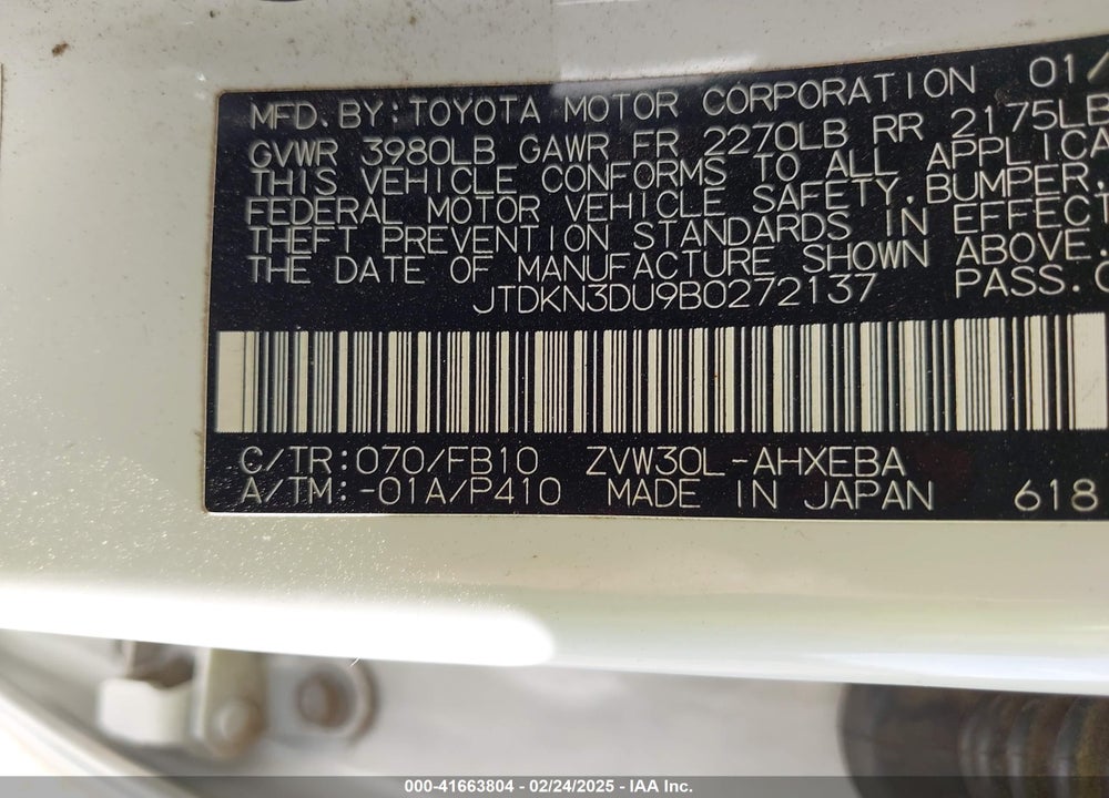 2011 TOYOTA PRIUS VIN: JTDKN3DU9B0272137