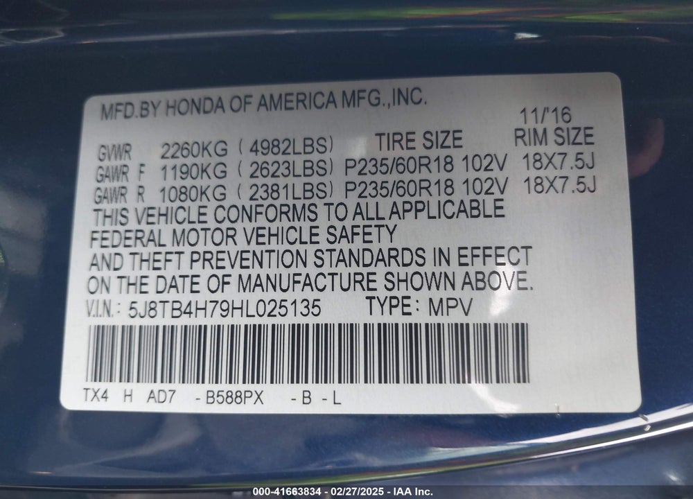 2017 ACURA RDX ADVANCE PACKAGE VIN: 5J8TB4H79HL025135
