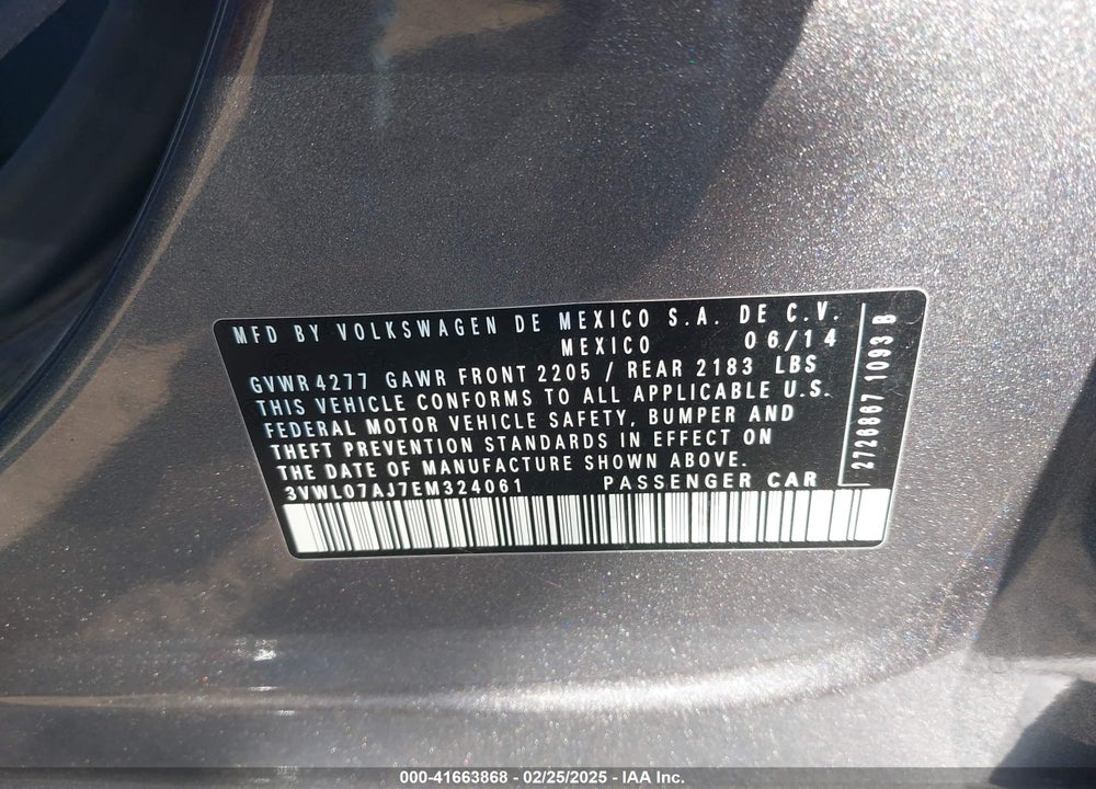 2014 VOLKSWAGEN JETTA VIN: 3VWL07AJ7EM324061