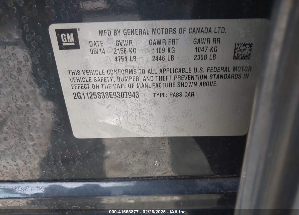 2014 CHEVROLET IMPALA 2LT VIN: 2G1125S38E9307943