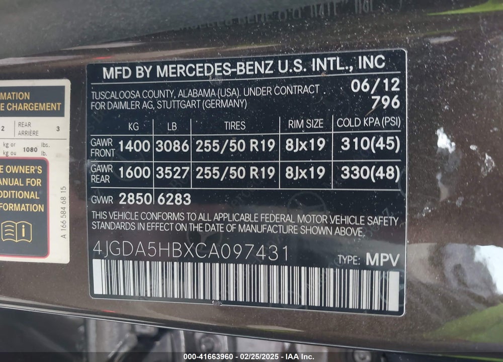 2012 MERCEDES-BENZ ML 350 VIN: 4JGDA5HBXCA097431