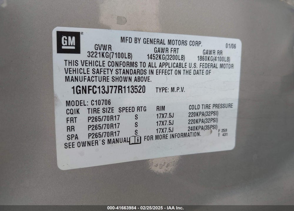 2007 CHEVROLET TAHOE VIN: 1GNFC13J77R113520