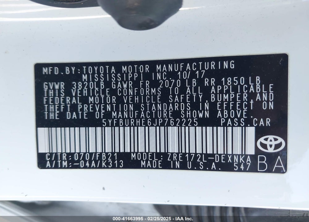 2018 TOYOTA COROLLA VIN: 5YFBURHE6JP762225