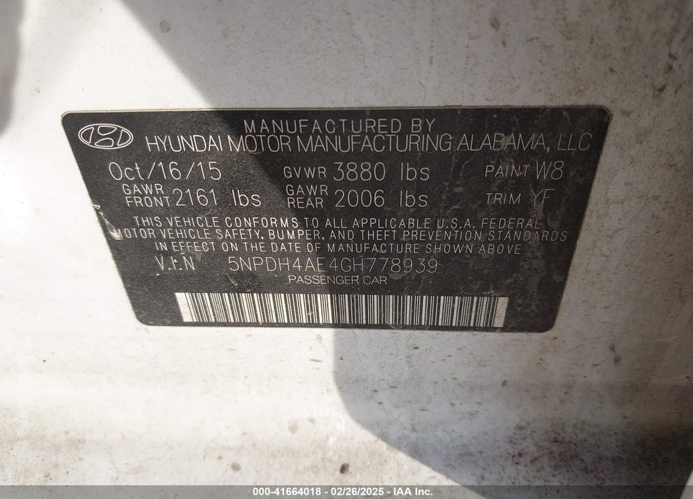 2016 HYUNDAI ELANTRA VIN: 5NPDH4AE4GH778939