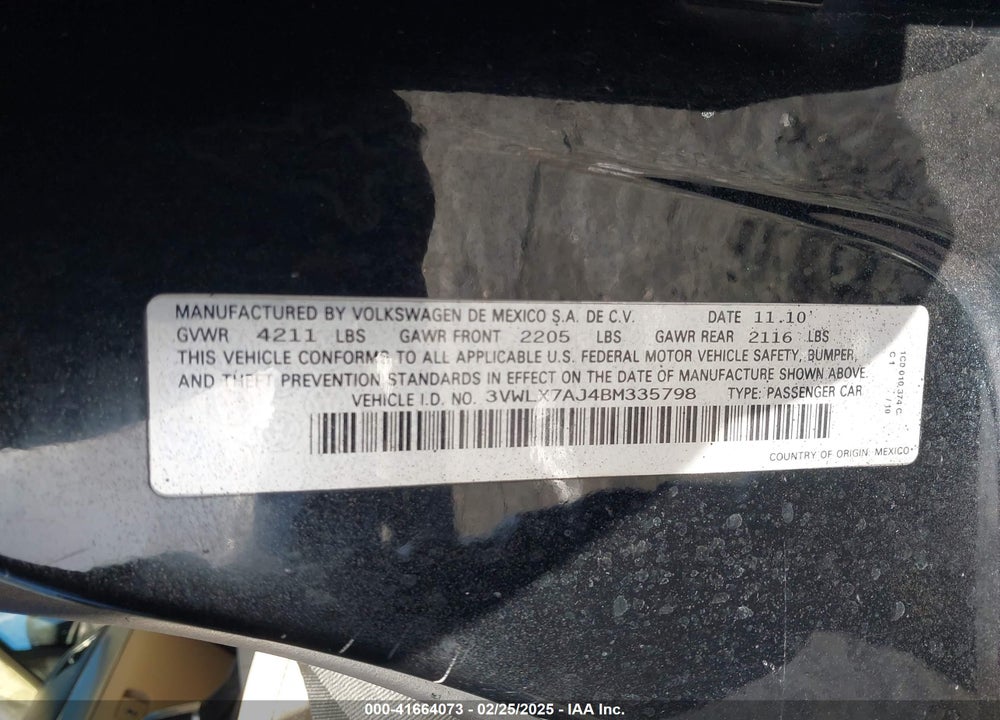 2011 VOLKSWAGEN JETTA VIN: 3VWLX7AJ4BM335798
