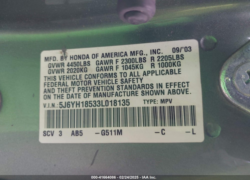 2003 HONDA ELEMENT EX VIN: 5J6YH18533L018135