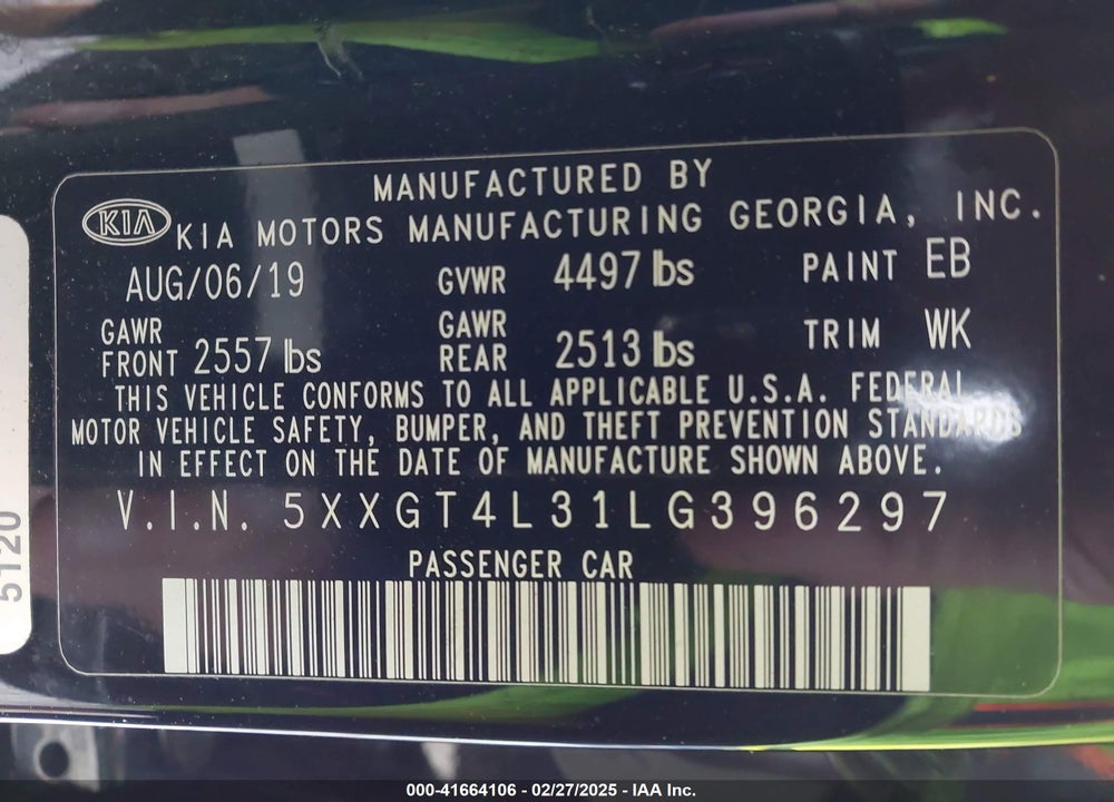 2020 KIA OPTIMA VIN: 5XXGT4L31LG396297